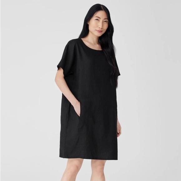 Eileen Fisher Organic Linen Ballet Neck Dress Black Short Sleeve Small - Picture 1 of 8